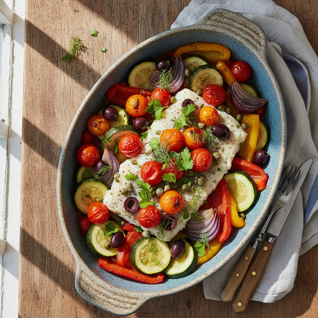 Baked Cod with Mediterranean Vegetables